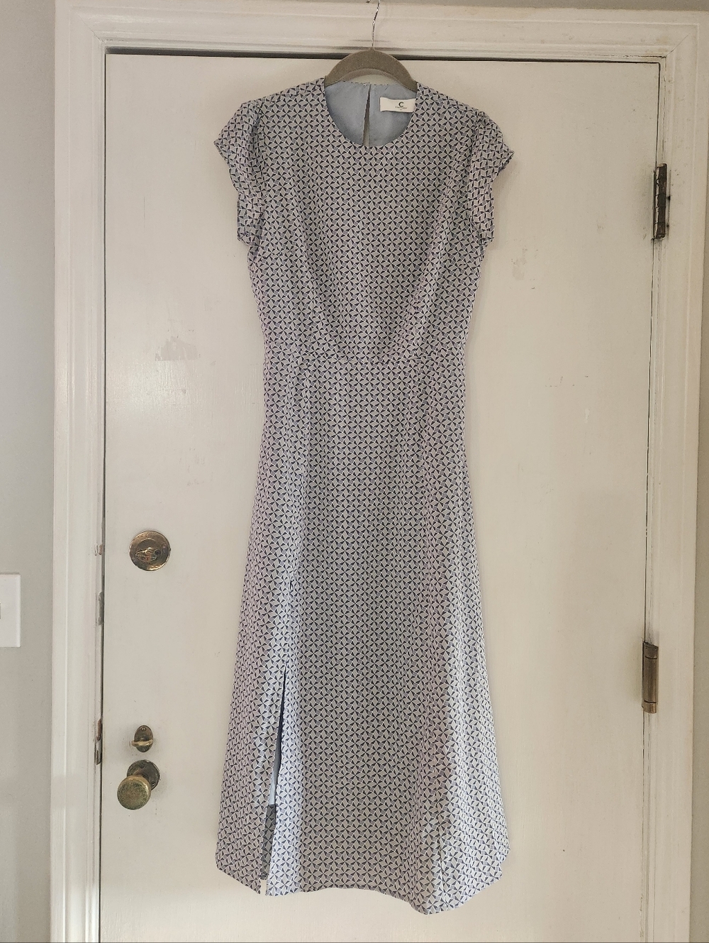 Commense Light Blue and White Geometric Pattern Midi Dress With Cut Out Back